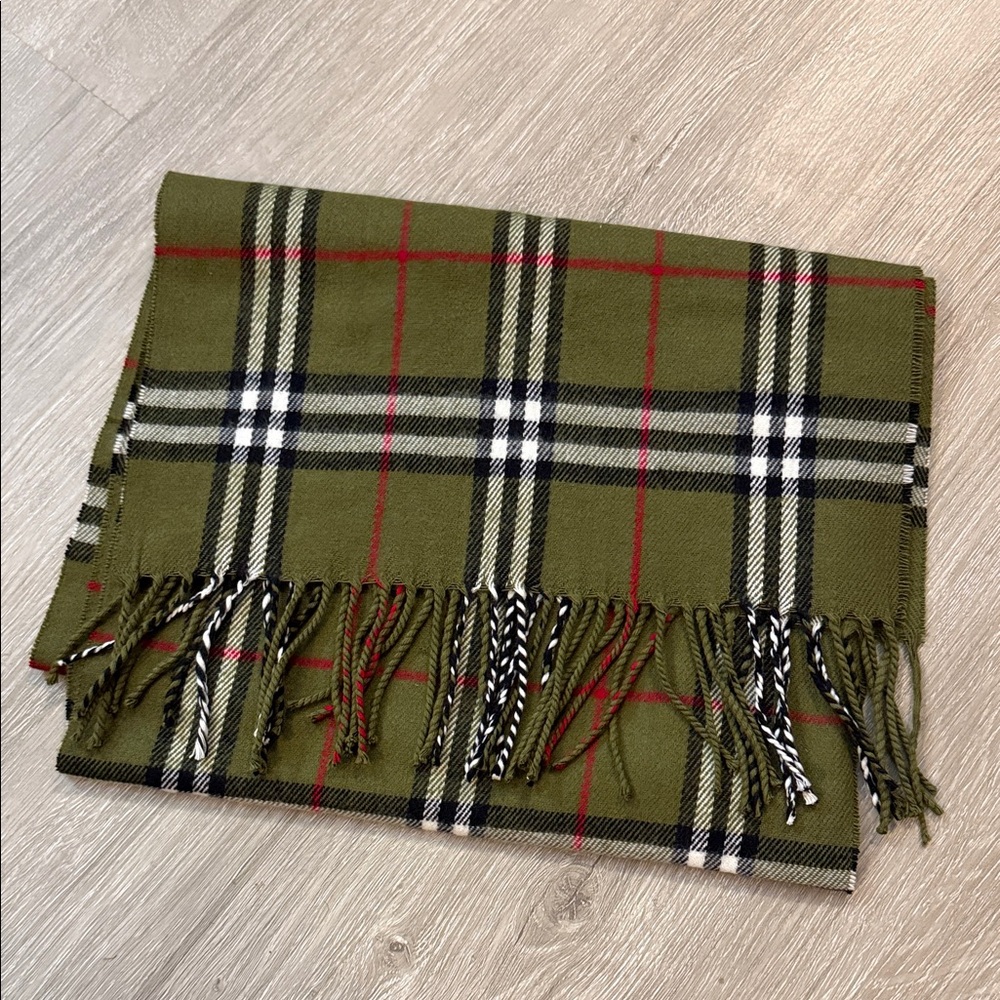 Burberry Olive and Red Checkered Cashmere Scarf